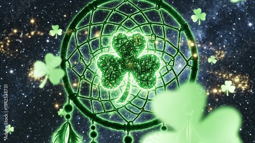 Vibrant Neon Green Dreamcatcher with Clover Motif Adrift in a Starry Cosmic Night