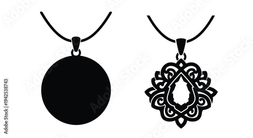 Two black silhouette necklaces one simple and one ornate are displayed