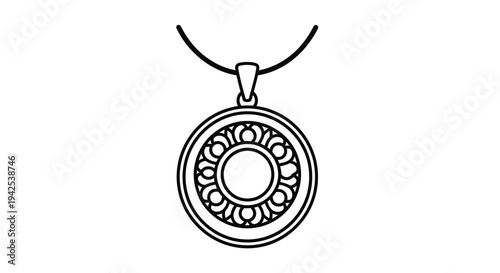 A simple black and white line drawing of a circular pendant necklace