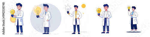 Vector Illustration Collection of Laboratory Scientists with Glowing Idea Light Bulb, Depicting Scientific Innovation, Research Creativity and Experiment Discovery Concept