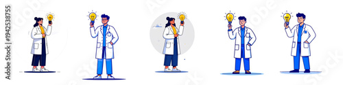 Set of Flat Vector Illustrations of Scientist Having Idea with Light Bulb Symbol, Representing Scientific Discovery, Innovation Thinking, Research Breakthrough and Creative Problem Solving Concept