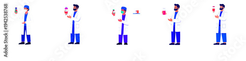 Flat Vector Illustration Set of Scientists Conducting Laboratory Experiments with Test Tubes, Microscopes and Flasks, Depicting Chemistry Research, Scientific Analysis, Biotechnology.
