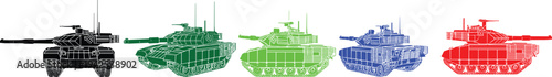 Military tank silhouettes set, modern armored combat vehicles in multiple colors, battlefield defense equipment collection isolated detailed vector illustration