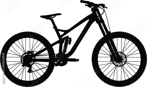 Mountain bike silhouette, full suspension downhill bicycle with detailed wheels and frame, extreme off road cycling sport equipment vector illustration