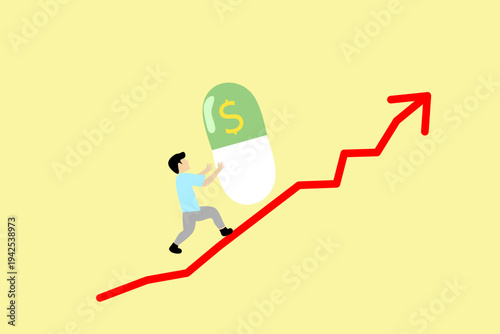 Man pushing dollar drug past arrow graphic as a rising medicine cost and prices surging costs of pharmacy concept. Healthcare expense, medicine. flat vector increasing health costs illustration.