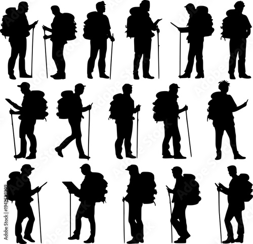 A collection of black silhouettes depicting hikers and explorers with backpacks, engaged in various navigation activities using maps, compasses, and mobile phones on a transparent background.