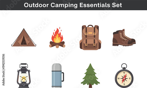 Collection of Outdoor Camping Essentials Including Tent, Backpack, Boots, Lantern, Thermos, Tree, Compass and Fire