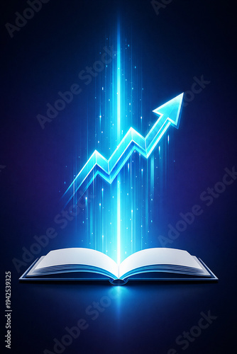 Vector Illustration of an open book with a holographic projection rises upward displaying a high-rise zigzag arrow pointing upward