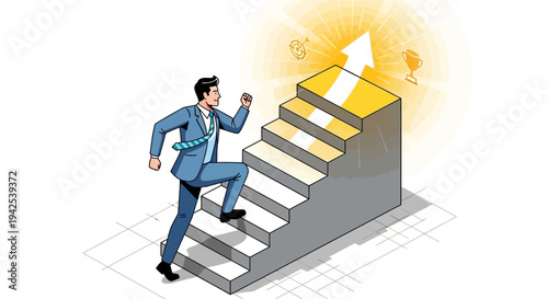 Businessman Running Up Stairs to Success.