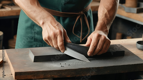 Close-up of unrecognizable artisan in apron using knife grinding jig to sharpen knife blade in smithy