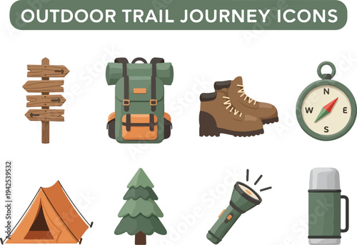 Set of outdoor trail journey icons for adventure and camping activities including tent, backpack, compass, and boots