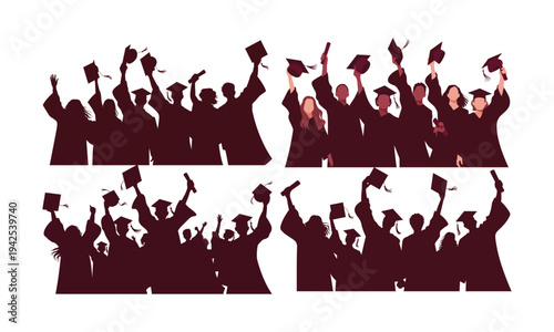 Graduating students celebrating with caps in the air silhouette illustration isolated on white background
