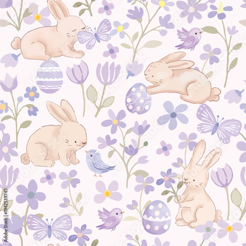 watwrcolor hare rabbit bunny having fun on easter day in violet flower garden seamless pattern