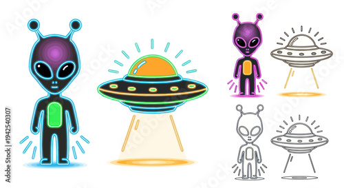 Cartoon Aliens and UFO Illustration Set