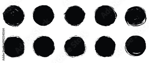Grunge Circle and Brush Stroke Set – Abstract Black Graphic Shapes, Ink Smudges, Scribble Marks and Paint Texture Vector Collection