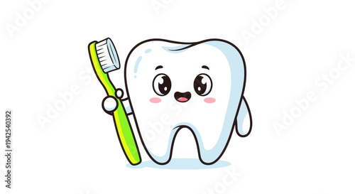 Cute cartoon tooth holding a green toothbrush, isolated on white background