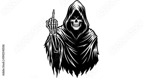 Grim Reaper Skeleton Figure Showing Middle Finger, Halloween Concept