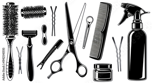 Hairdressing Tools Set: Scissors, Comb, Razor, Brush, Sprayer, Bins