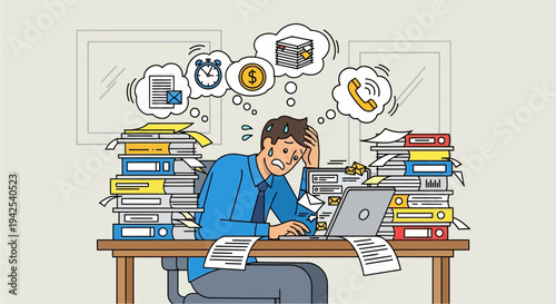 Man Overwhelmed by Work and Deadlines.