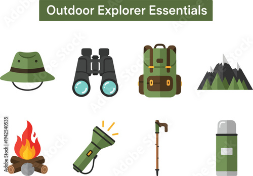 Essential gear for outdoor exploration hats, binoculars, backpacks, camping equipment, and survival tools for adventurers