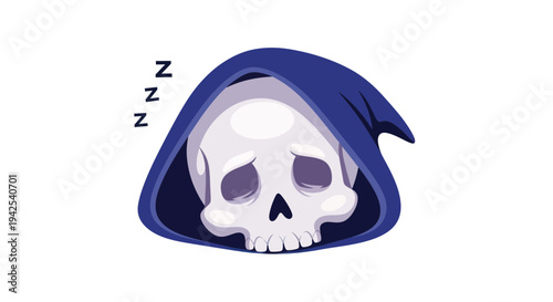 Sleeping Grim Reaper Skull Icon, Death Character Resting, White Background