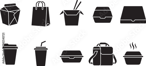 Collection of Food and Drink Packaging Icons, Including Takeaway Boxes and Bags