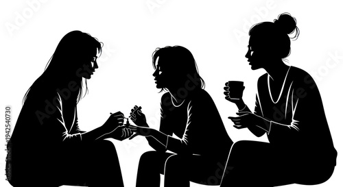 Three women silhouettes, friends sharing time, one doing nails, one drinking coffee