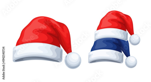 Two Santa Hats, One with Thai Flag Design, Isolated on White Background