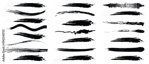 Paint brush stroke, ink splatter and artistic design grunge, dirty, backdrop elements. Hand-drawn brush raw textured shapes. Vector collection of artistic grungy black paint hand made. 