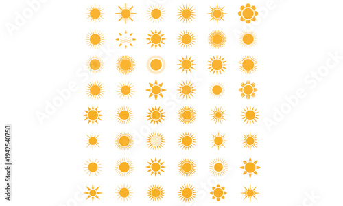 Yellow sun icon collection with different sunshine shapes isolated on white background