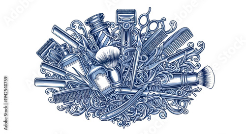 Vintage Barber Tools Arrangement: Scissors, Razors, Brushes, Combs, Clippers