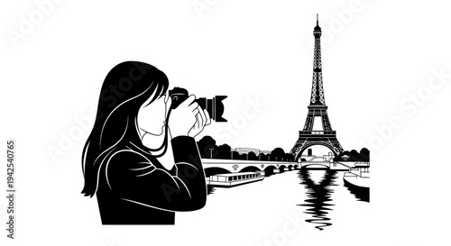 Woman Photographer Captures Eiffel Tower Paris Seine River Landmark