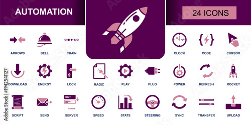 Automation icon set. Containing script, code, trigger, clock, sync, refresh, download, upload, transfer, lock, server, speed, stats, power and more. Solid fill vector icons collection.