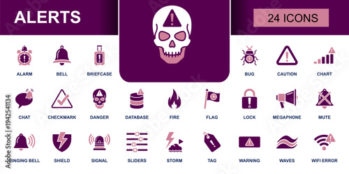 Alerts icon set. Containing alarm, bell, bug, caution, danger, warning, fire, signal, lock, megaphone, mute, checkmark, shield, database, chart and more. Solid fill vector icons collection.