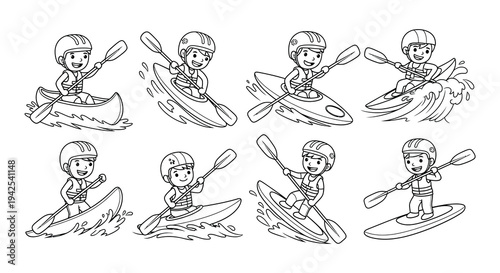 Cartoon illustration of boys kayaking and canoeing in various vessels