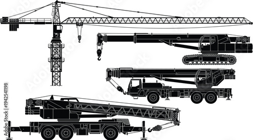 Construction crane silhouettes set, tower crane and mobile crane trucks, heavy lifting equipment collection isolated, industrial machinery vector illustration