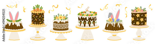 Big set of Easter Cakes with icing and sprinkles, bunny ears, colored eggs and carrots and flowers on cake stand. Funny Easter cake vector Illustration