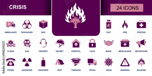 Crisis icon set. Containing ambulance, hospital, first aid, fire, wildfire, flood, tornado, radiation, biohazard, virus, gas mask, warning, exit and more. Solid fill vector icons collection.