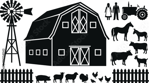 Farm life silhouettes collection, barn windmill tractor farmers and livestock animals set, rural agriculture icons isolated detailed vector illustration