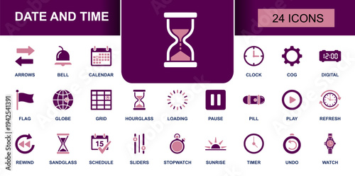 Date and time icon set. Containing calendar, clock, timer, stopwatch, hourglass, schedule, alarm, sunrise, time zone, loading, pause, play, refresh and more. Solid fill vector icons collection.
