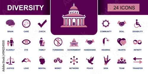 Diversity icon set. Containing community, disability, elderly, family, justice, equality, inclusion, sign language, mental health, teamwork and more. Solid fill vector icons collection.