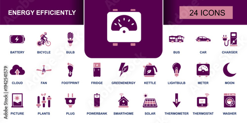 Energy efficiency icon set. Containing battery, LED bulb, solar panel, EV charger, smart home, meter, thermostat, fridge, washer, footprint and more. Solid fill vector icons collection.