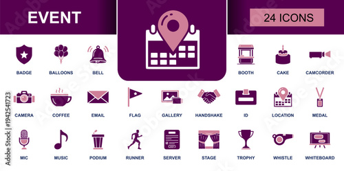 Event icon set. Containing calendar pin, badge, balloons, booth, cake, camera, email, handshake, ID card, stage, microphone, podium, trophy and more. Solid fill vector icons collection.