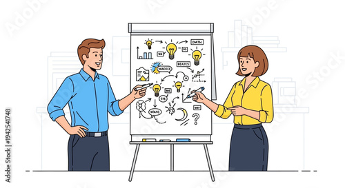 Man and Woman Discussing Whiteboard Content.