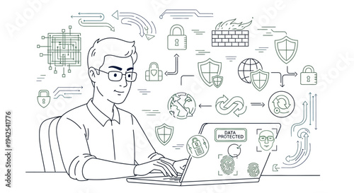 Man Working on Laptop with Security Icons.