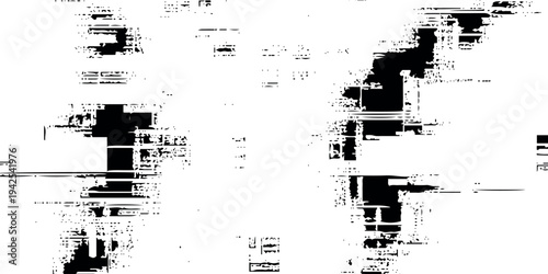 abstract digital glitch texture with black geometric blocks distortion lines, and a distressed data-corruption aesthetic.