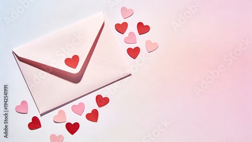 Pink envelope with heart-shaped confetti on pastel background  