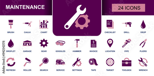 Maintenance icon set. Containing wrench, gear, toolbox, drill, hammer, pliers, pipe, caulk gun, paint roller, checklist, service van, invoice, repair tools and more. Solid fill vector icons collection