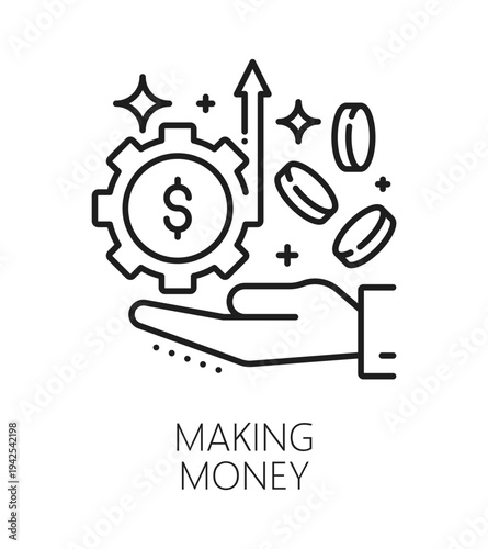 Making money life skills line icon or emblem. Personal quality outline vector sign, people life skills thin line icon. Personality potential linear pictogram or symbol with coins falling in hand