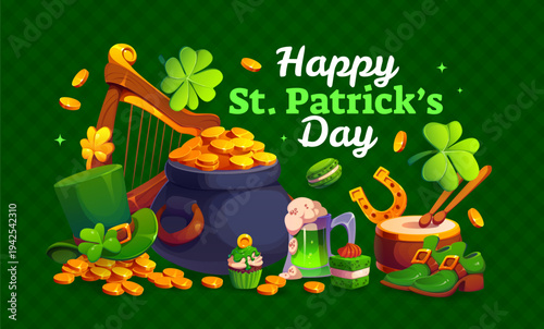 Happy St Patrick's day greeting card. Ireland culture holiday flyer or banner. Saint Patrick day party vector poster with leprechaun cauldron, green boots and hat, green ale, pastry, harp and drums